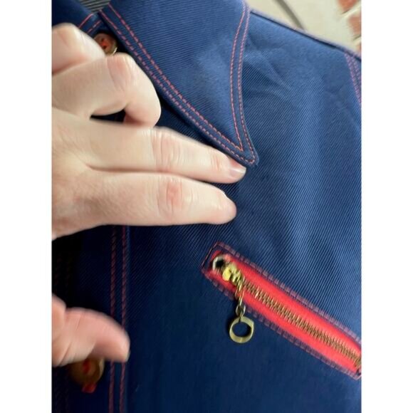 button up shirt dagger collar 6 zipper pockets 1970s navy blue red - Picture 6 of 11